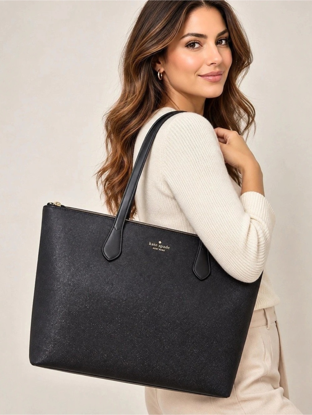 Kate Spade New York Large Black Tote Shoulder Bag – Gold Logo & Zip Closure